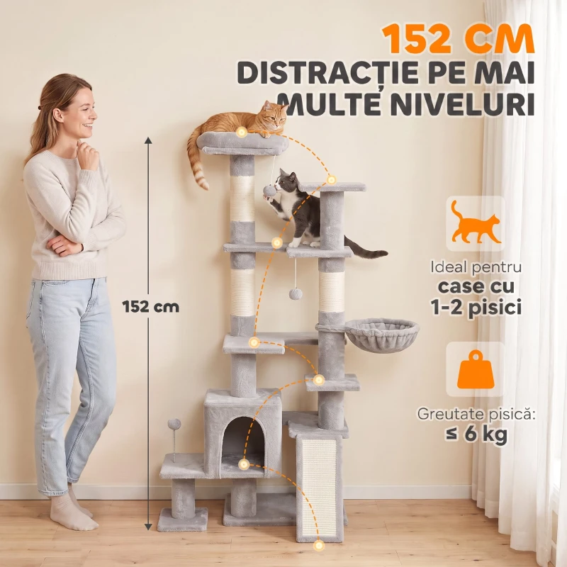 PawHut Stâlp de Zgâriat Per Pisici pe Mai Multe Niveluri Con 4 Stâlpi E Culcuș Gri Chiaro