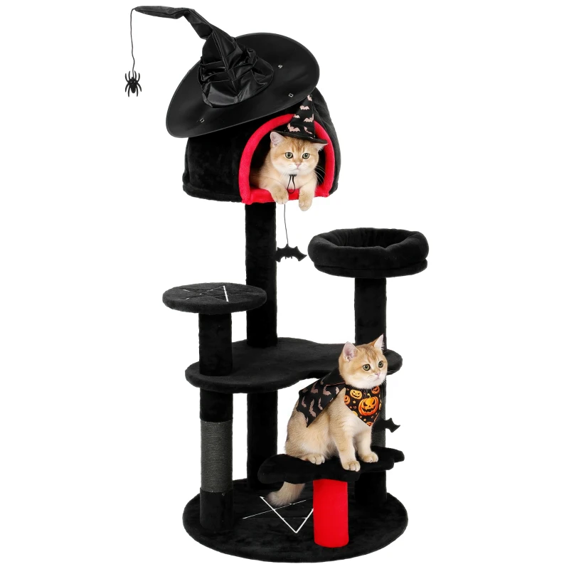 PawHut Gothic Cat Tree, 155cm Cat Tower for Indoor Kittens, Multi-Level Stable Kitten Activity Centre, Black, Halloween