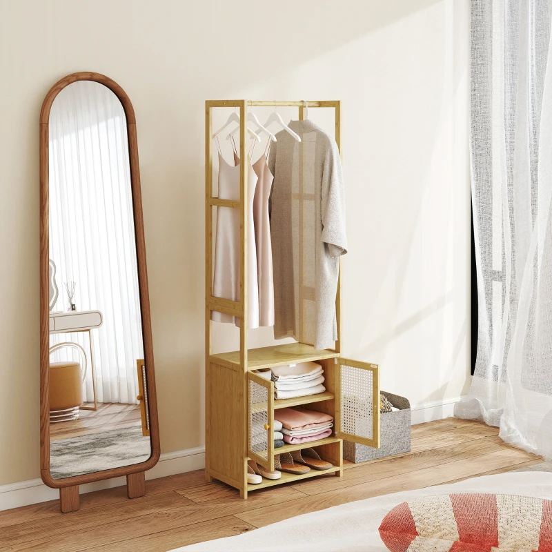 HOMCOM Perchero de Bambú con Armario Zapatero Barra para Colgar Estante Ajustable para Entrada Pasillo 53x31x168 cm Natural