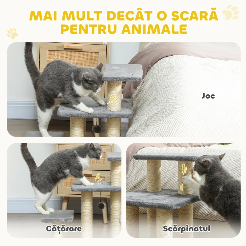 PawHut Scară pentru Câini și Pisici cu 3 Trepte din Pluș și Stâlpi Zgâriători din Sisal, Capacitate 10 kg, Gri