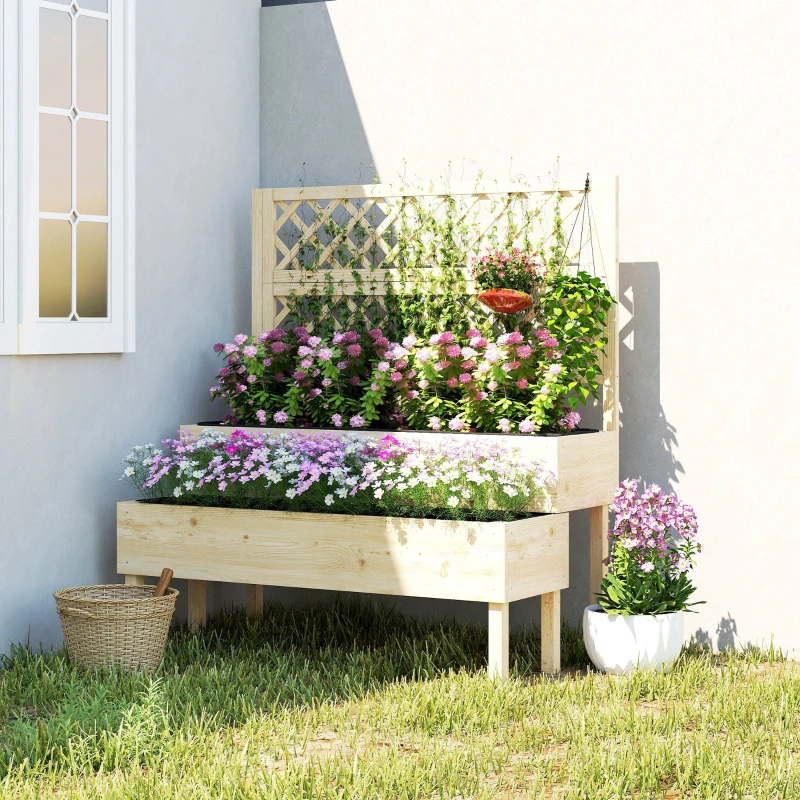 Outsunny Hochbeet mit Rankgitter 2-stufig erhöhter Blumenkasten mit 2 Pflanzkästen, Holz 108 x 62 x 120 cm