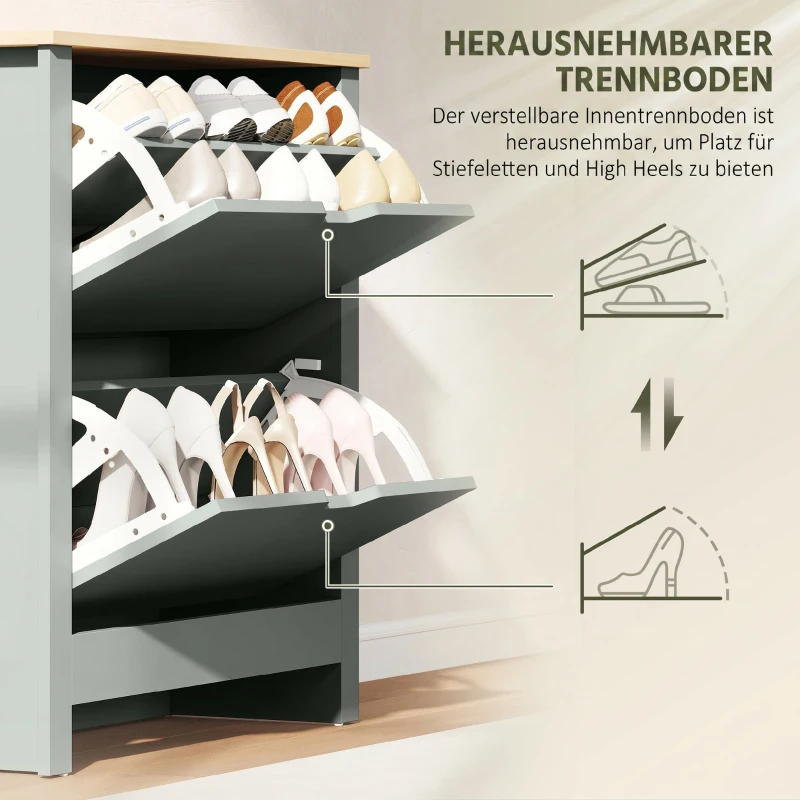 HOMCOM Schoenenkast met 2 klapvakken, verstelbare scheidingswand voor 8-12 paar schoenen, 72 x 26 x 80 cm, lichtgrijs
