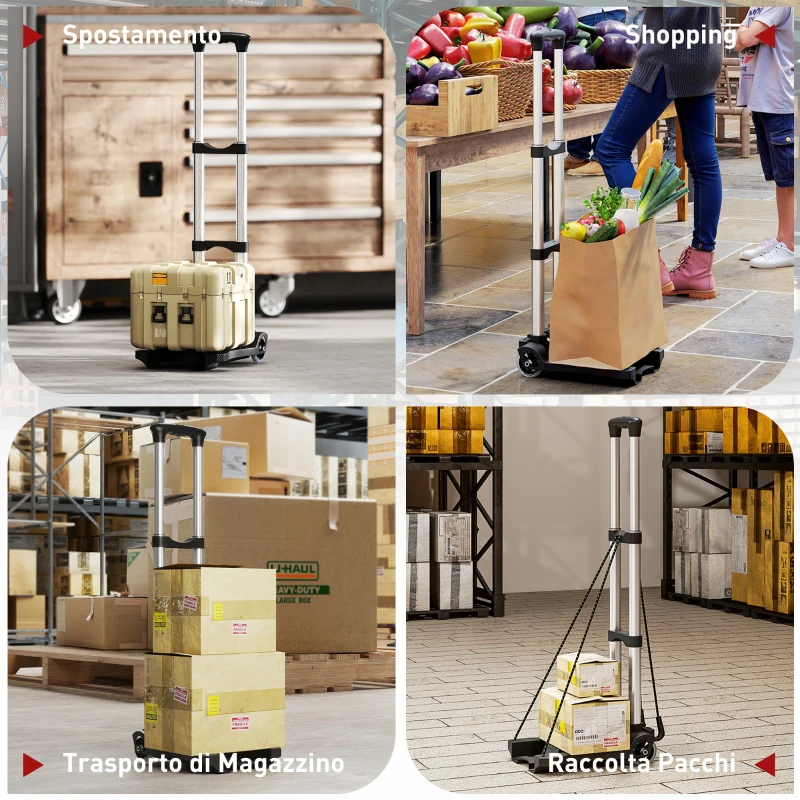 HOMCOM Carrello Portapacchi Pieghevole da 40 kg con 2 Cinghie, Maniglia Telescopica, Alluminio e Plastica, Nero
