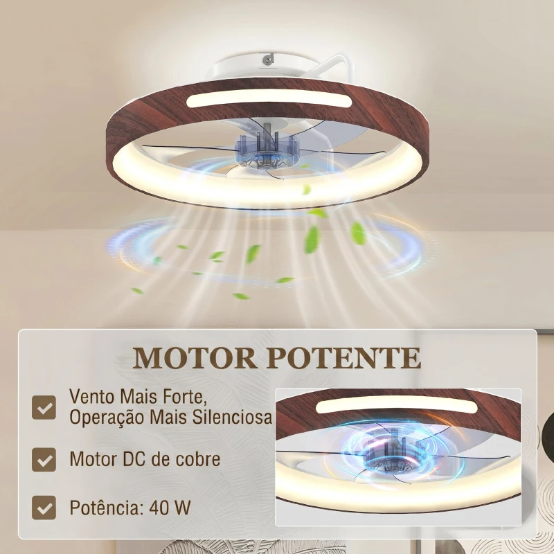 HOMCOM Ventilador de Teto com Luz LED 40 W Motor DC Reversível Comando à Distância 6 Velocidades 3 Cores Temporizador Teca