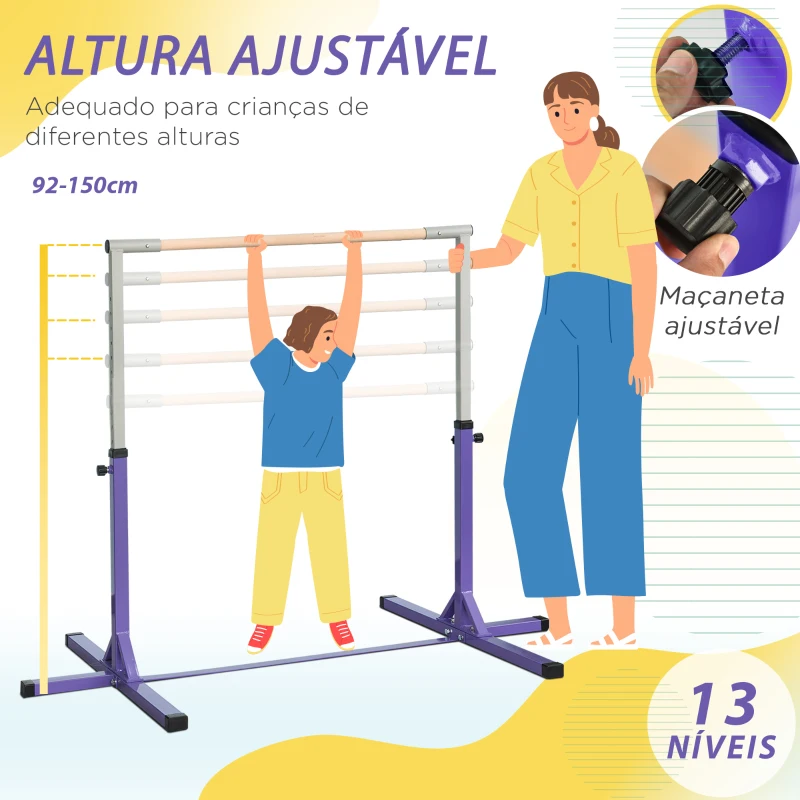 HOMCOM Barra de Ginástica para Crianças com Altura Ajustável 92-150 cm Barra Horizontal de Ginástica 194x121x150 cm Roxo