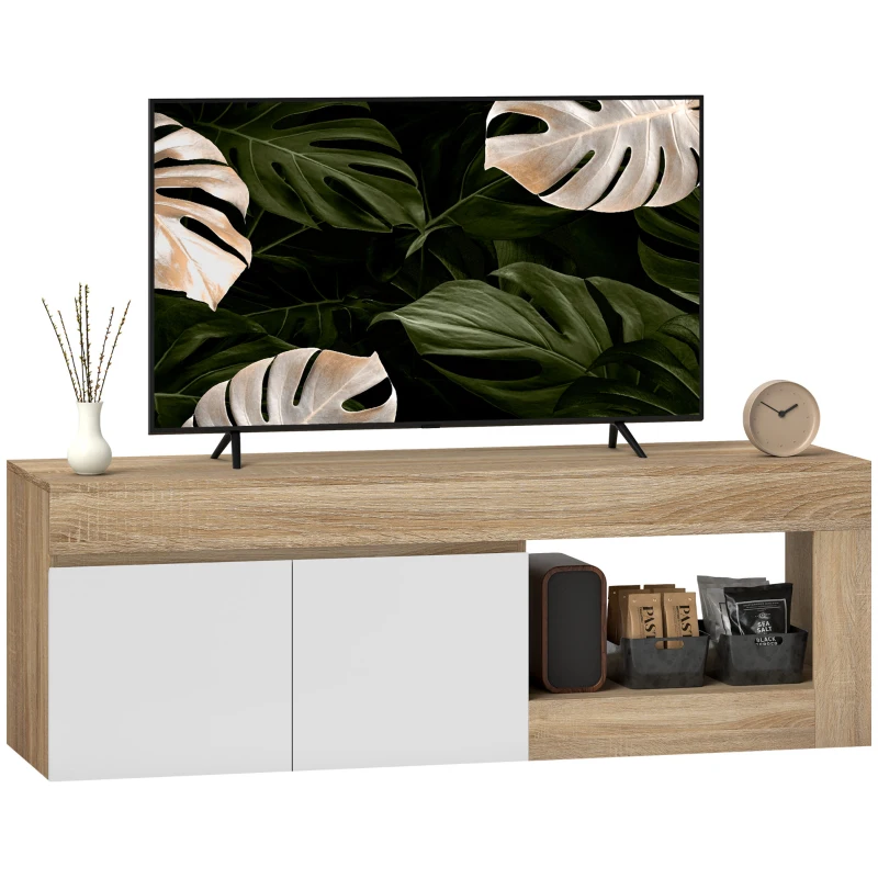 HOMCOM Meuble TV 2 portes pour téléviseurs jusqu'à 60 pouces, meuble télé avec placard et étagère ouverte, effet bois naturel