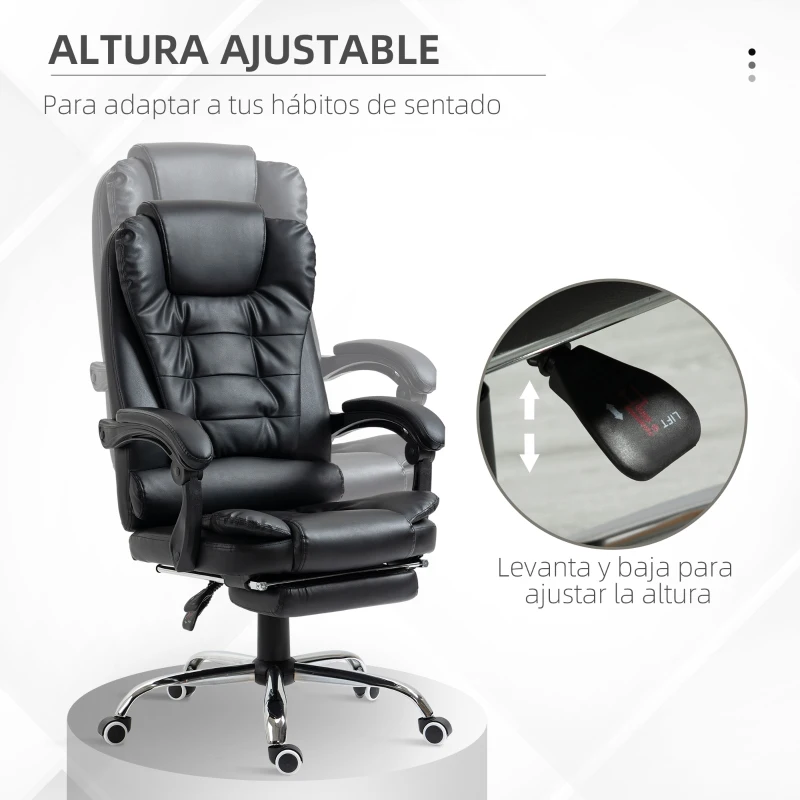 HOMCOM Silla de Escritorio con Reposapiés Silla Ejecutiva Giratoria con Altura Ajustable Tapizada en PU y Reposabrazos Negro