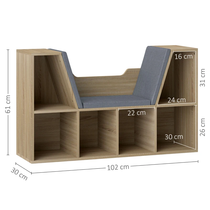HOMCOM Librería con Asiento Estantería de Libros con 6 Cubos Cojín para Sala de Estar Dormitorio 102x30x61cm Roble y Gris