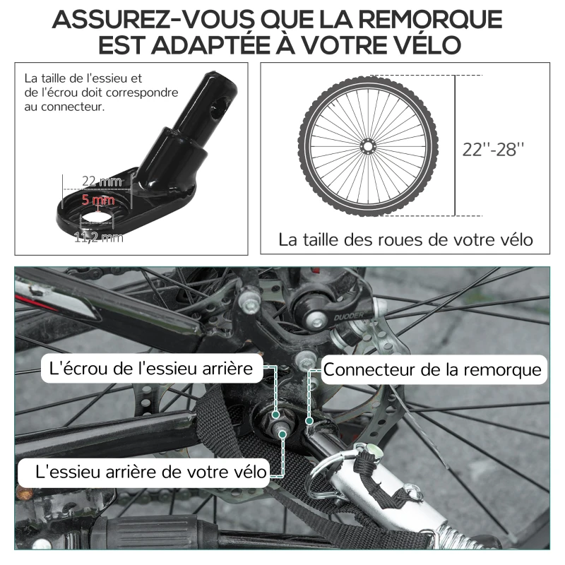HOMCOM Remorque pliable pour vélo en acier roues 16 pouces charge max. 40 kg avec barre d'attelage universelle