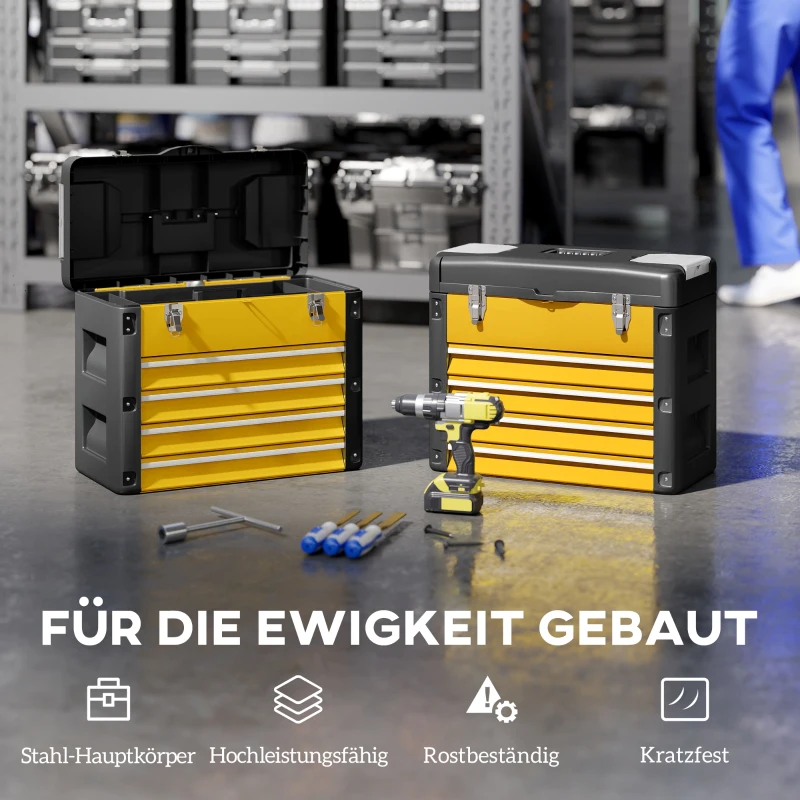 HOMCOM Lege gereedschapskist, 49,7 x 25,3 x 40,7 cm gereedschapskist met 4 lades, mini-box staal geel