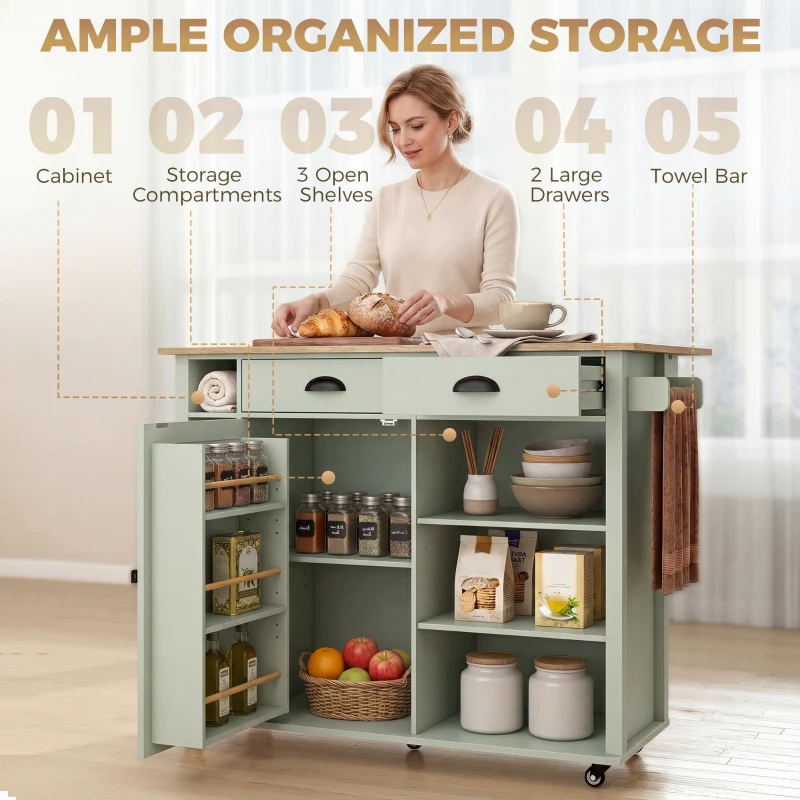 HOMCOM Kitchen Island with Drop Leaf Tabletop Kitchen Island on Wheels Storage Cabinet Shelf Trolley Light Green