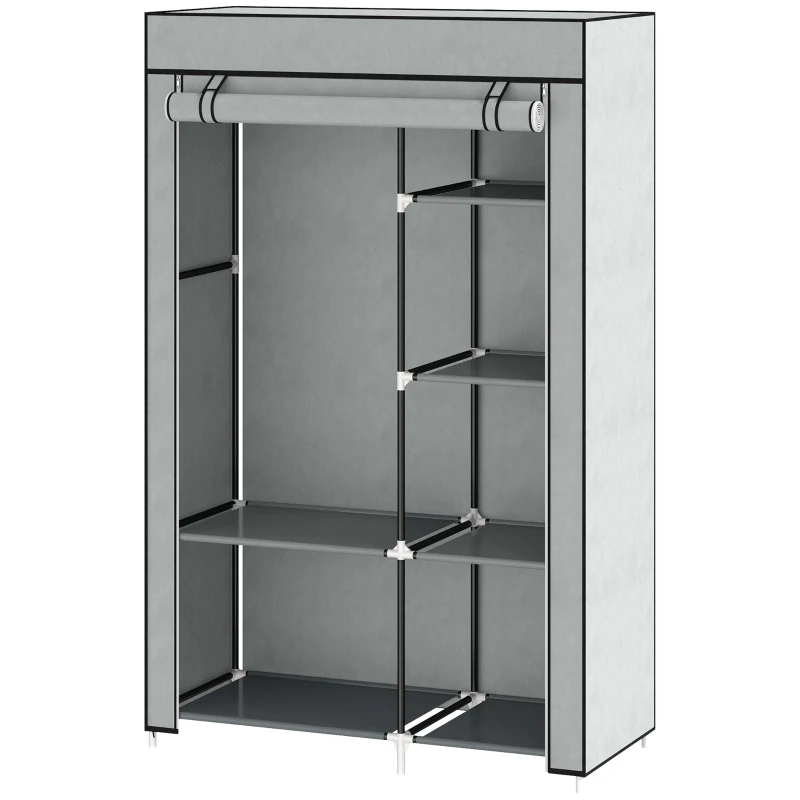 HOMCOM Stoffen Kledingkast, Opbergoplossing, 6 Planken, 1 Kledingstang, Grijs