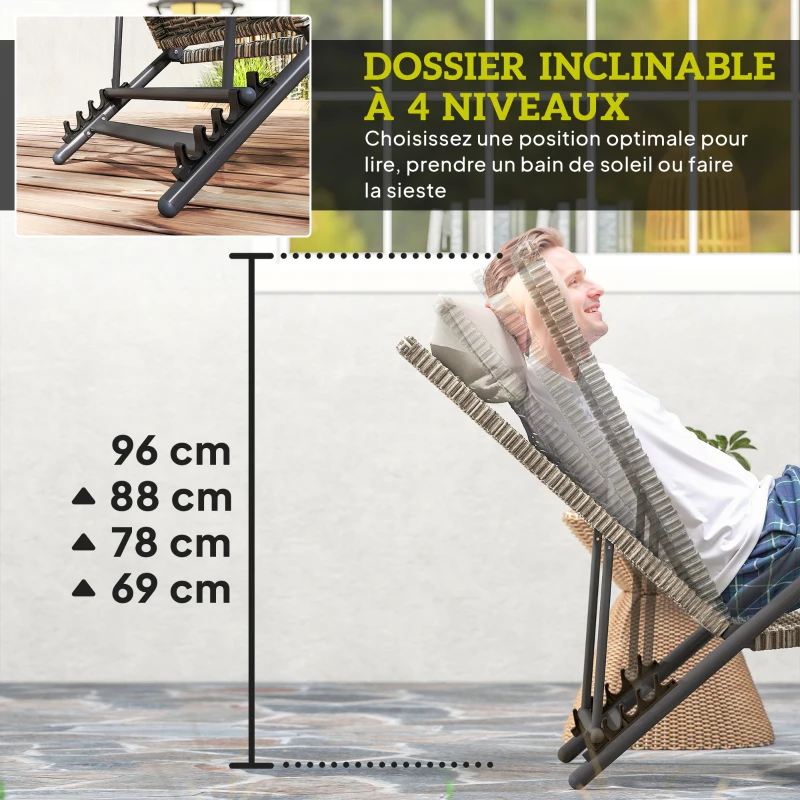 Outsunny Bain de soleil chaise longue en résine tressée inclinable et réglable sur 4 niveaux en forme de S, 156x62x96cm marron