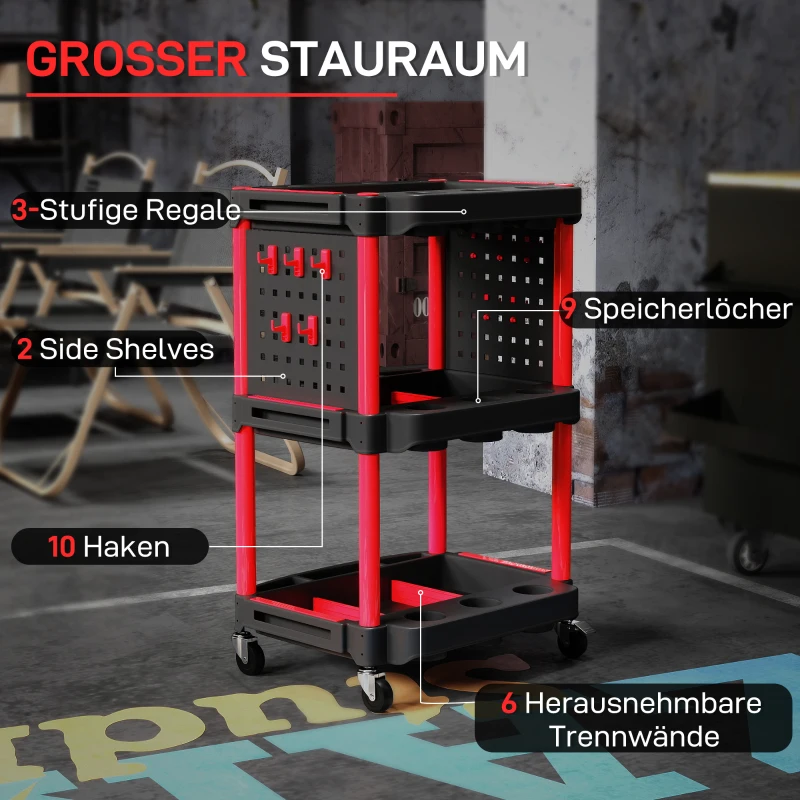 HOMCOM Gereedschapswagen, Drie Niveaus, 4 Wielen, Kunststof, 10 Haken, Zwart+Rood