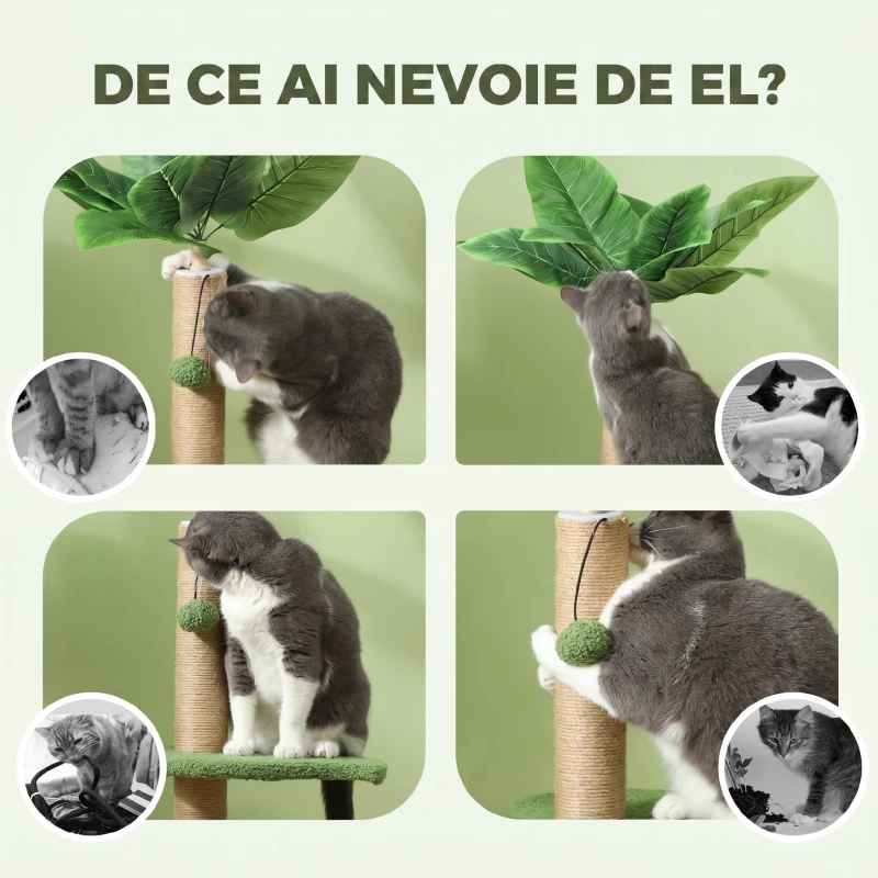 PawHut Pom pentru pisici cu stâlp de zgâriere, platforme și bile, din pluș și placaj, Ø40x83 cm, verde