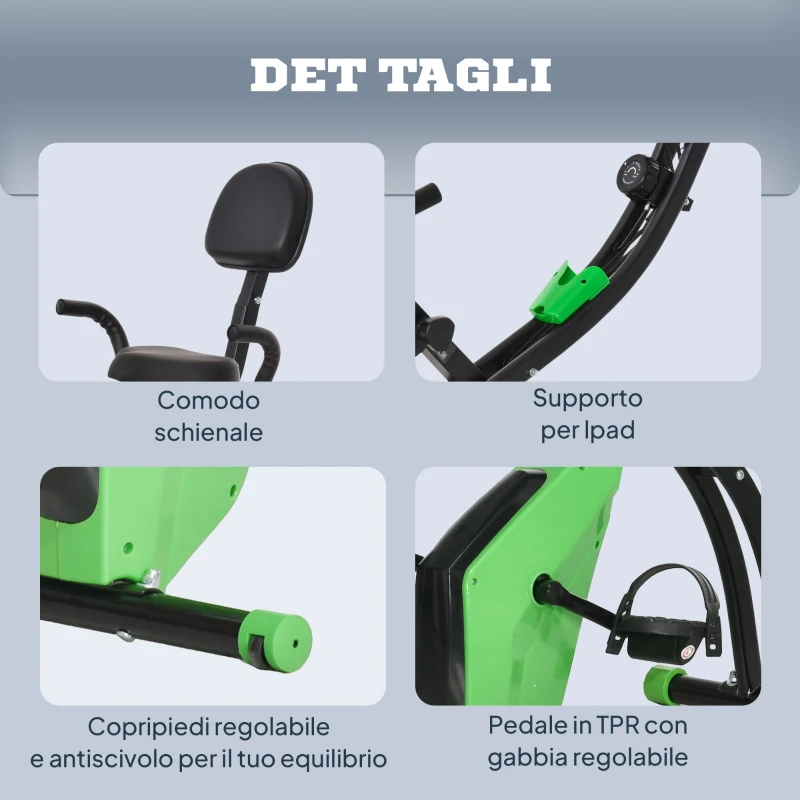 HOMCOM Cyclette Pieghevole 2 in 1, Resistenza Magnetica Regolabile 8 Livelli, Cyclette da Casa Silenziosa con Sensore Cardiaco, Sedile Regolabile, Bande Elastici, Schermo LCD, Ruote, Verde