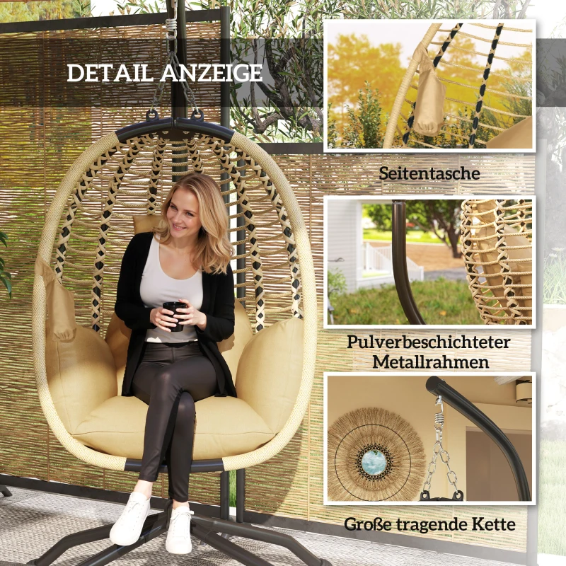 Outsunny Hangstoel met frame, inklapbare eivormige schommel met wasbare zitting, bekerhouder, veiligheidskoord, beige