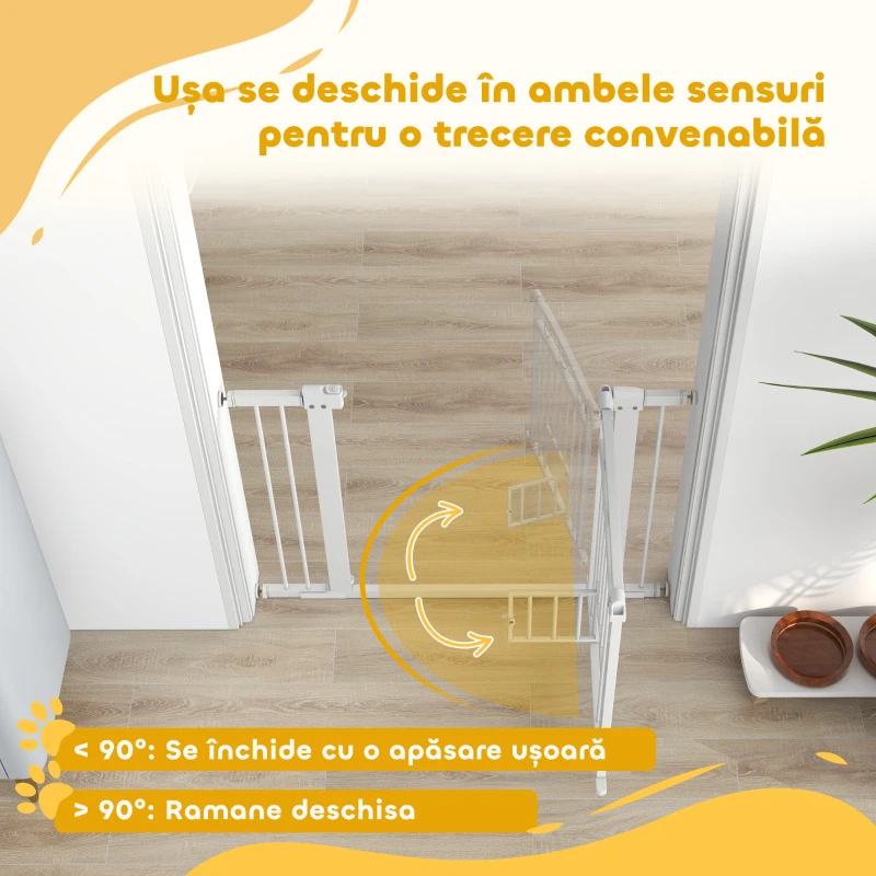 PawHut Poartă Reglabilă pentru Câini, Albă, cu Extensii, Poartă pentru Pisici și Deschidere cu o Singură Mână, 76-104x77 cm