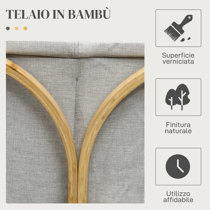 HOMCOM Portabiancheria a 2 Cesti con Coperchio in Bambù e Poliestere, 55x40x62 cm, Grigio e color Legno