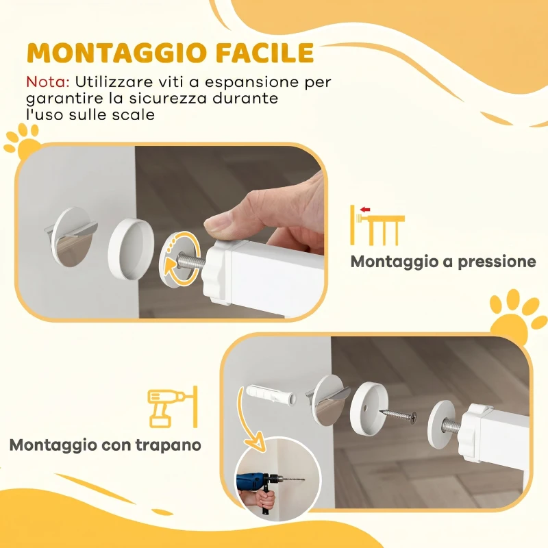 PawHut Cancelletto di Sicurezza per Cani in Acciaio e ABS, Estensibile 75-115cm per Scale e Porte, Bianco