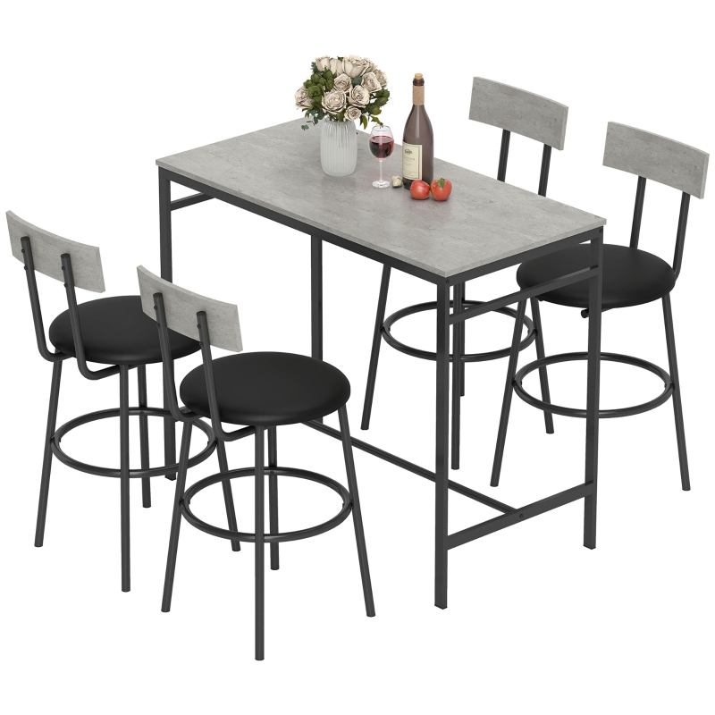 HOMCOM 5-delige Bartafelset met 4 Krukken, Industrieel Design, voor Keuken en Eetkamer, Staal, Lichtgrijs