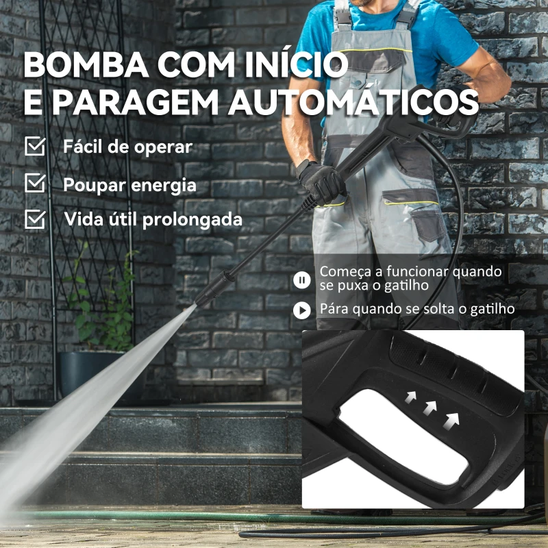 Outsunny Lavadora de Alta Pressão 2200W 170 Bar Fluxo 420 L/h com Paragem Automática Mangueira de 6 m 32x32x80 cm Verde e Preto