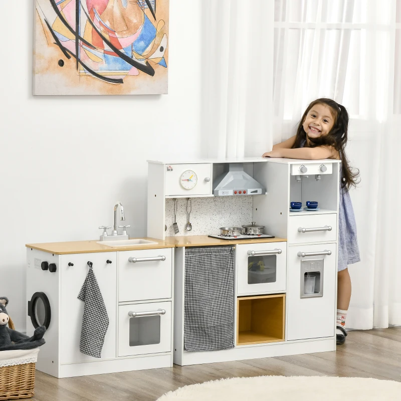 HOMCOM Cozinha Infantil de Madeira Cozinha para Crianças acima de 3 Anos com Luz Sons Máquina de Café Frigorífico Lavatório Branca
