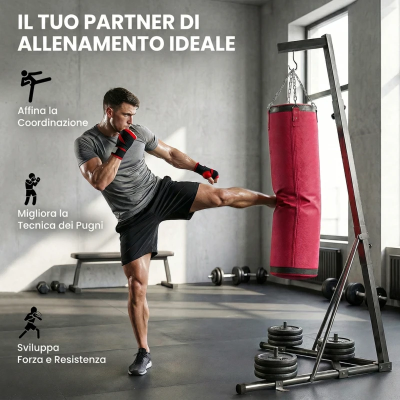 SPORTNOW Supporto Sacco Boxe Regolabile con Base Triangolare e Sacco da Boxe, in Acciaio e Tela, 175x91x185-231 cm, Rosso