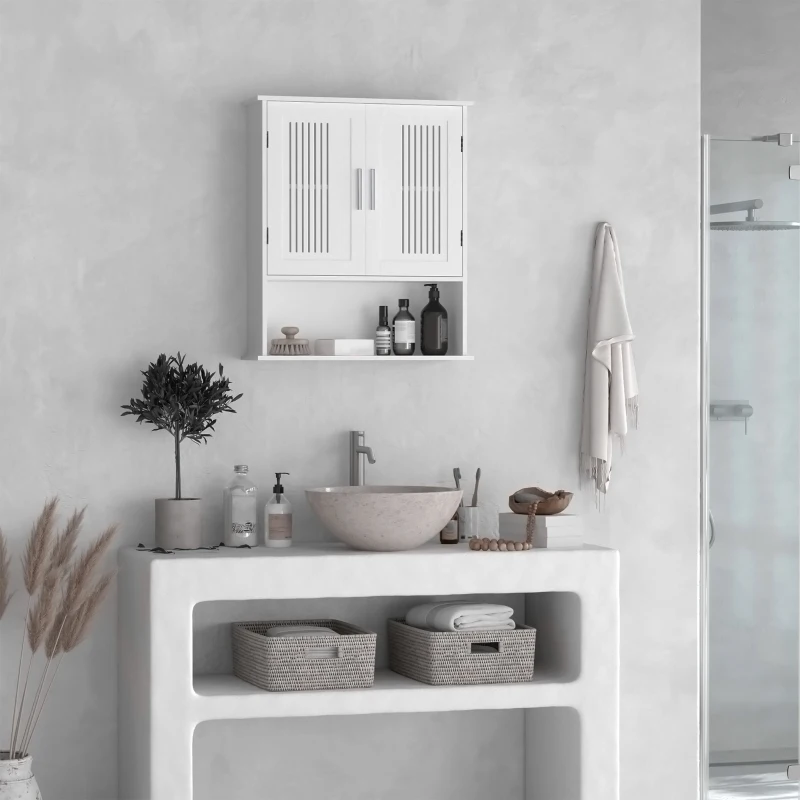 kleankin Armário de Parede Casa de Banho com Armazenamento 2 Portas em Ripas Prateleira Ajustável e Compartimento 60x20x70 cm Branco