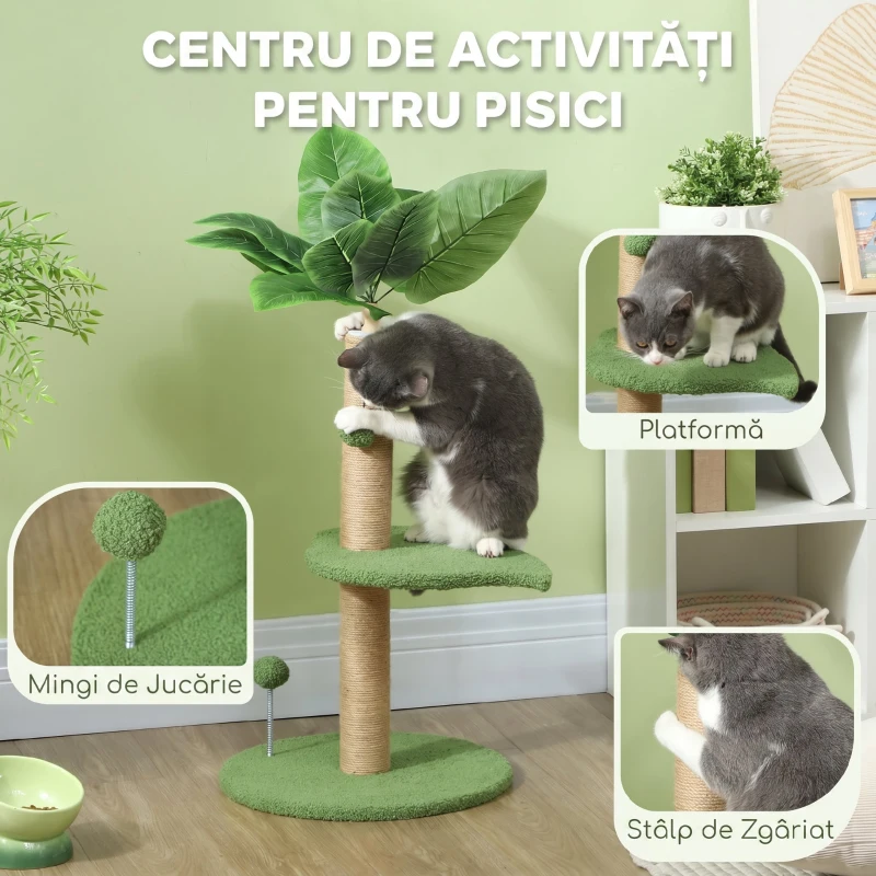 PawHut Pom pentru pisici cu stâlp de zgâriere, platforme și bile, din pluș și placaj, Ø40x83 cm, verde