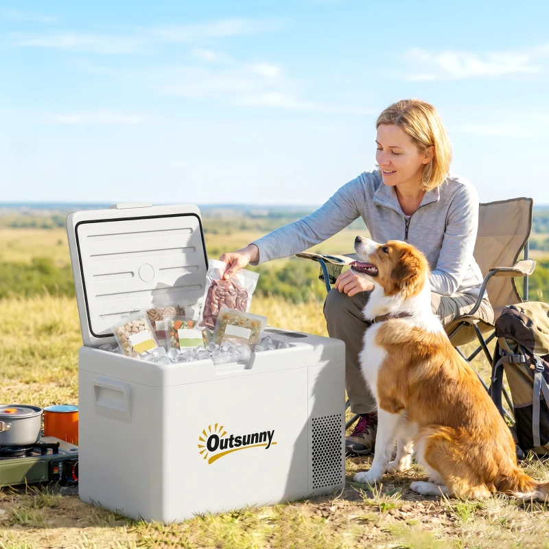 Outsunny 22 Liter Campingkoelkast, Autokoelkast, Koelbox met LED-Licht, AC- en DC-Adapter, Stille Werking, Crèmewit