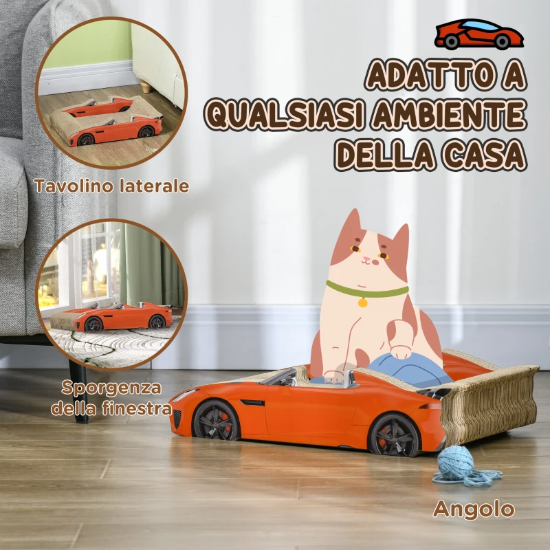 PawHut Cuccia per Gatti Tiragraffi a forma di Auto con Trattamento ad Erba Gatta, in Cartone Ondulato, 50x30x12.5 cm, Rosso