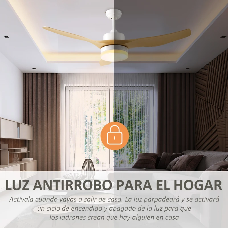 HOMCOM Ventilador de Techo Motor DC 20,5W Diámetro 132 cm Mando a Distancia Luz LED Ajustable de 3 Niveles 3 Aspas Reversibles