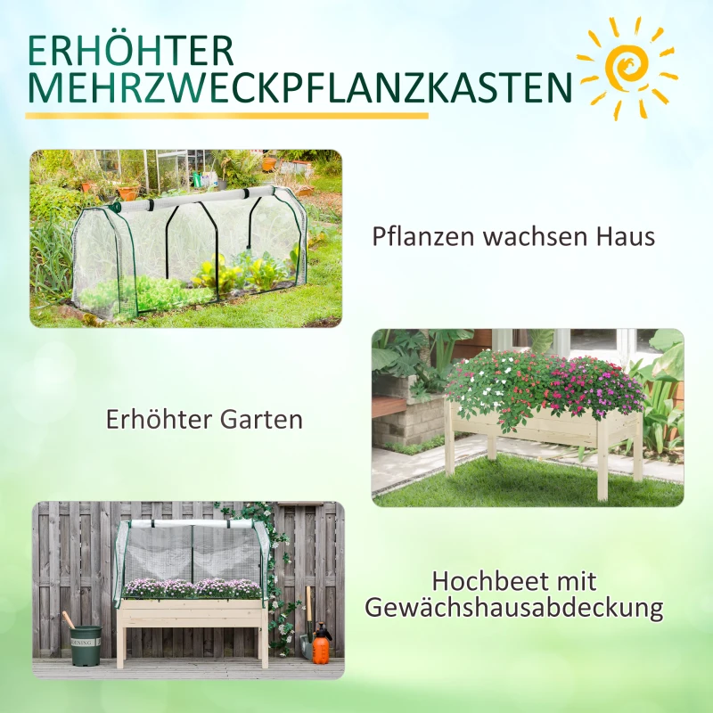 Outsunny Verhoogd Bed, Oprolbare Folieafdekking, Natuurlijk Houten Frame, Stofvoering, Afvoeropeningen, 121 x 55 x 117cm