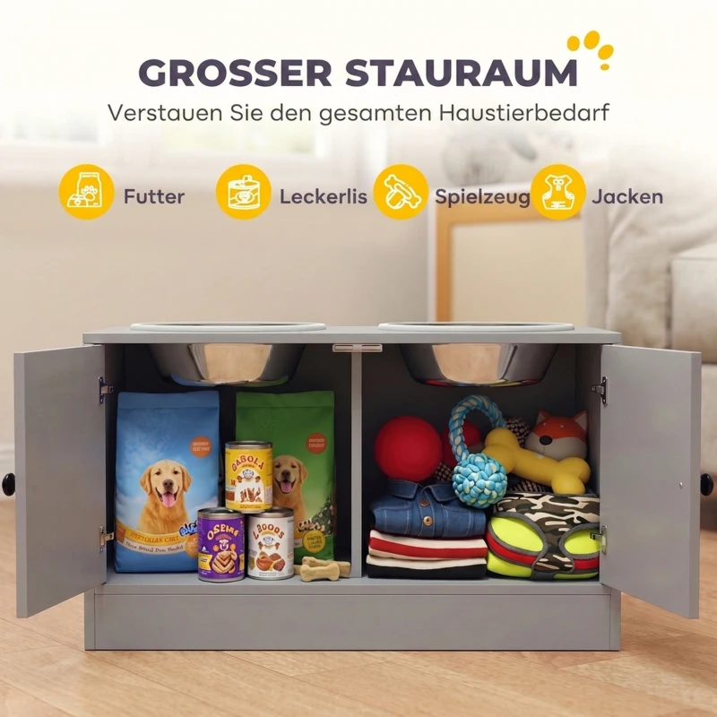 PawHut Hundefutterstation mit 2 Edelstahl-Näpfen, Schrank für Utensilien, für große Hunde, Zubehör, Grau