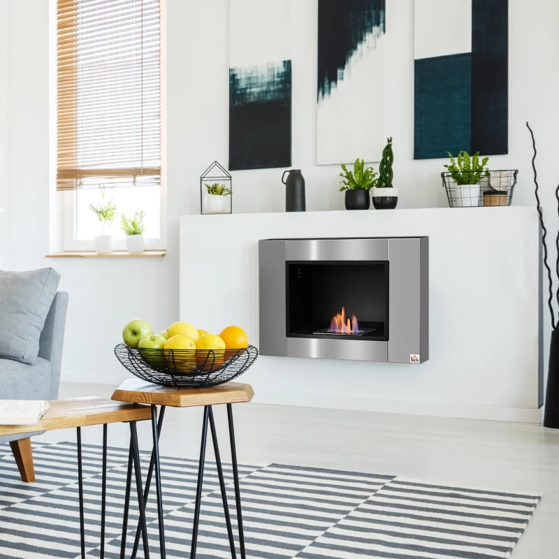HOMCOM Biokamin 80x40cm Ethanol und Gelkamin mit 0,9-Liter-Brenner Bio Ethanolkamin Edelstahl Bioethanol Kamin zum Aufhängen an die Wand Wandkamin Silber