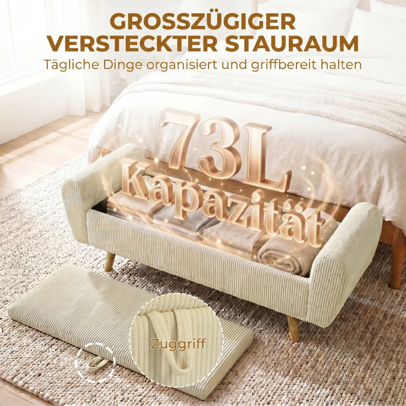 HOMCOM Opbergbank met Corduroy Bekleding, Houten Poten en Gerolde Armleuningen, Beige