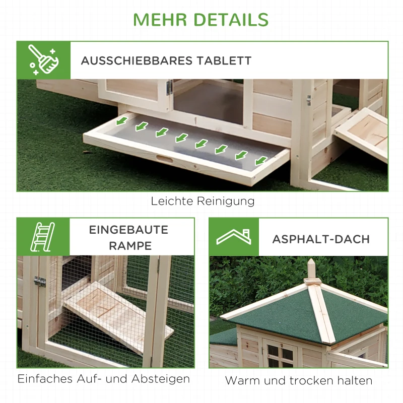 PawHut Hühnerstall für Zwerghühner 196 x 76 x 97 cm witterungsbeständig Hühnerhaus mit Nistkasten, Freilaufgehege Sitzstange, Kleintierstall aus Holz für 1-2 Hühner, Natur
