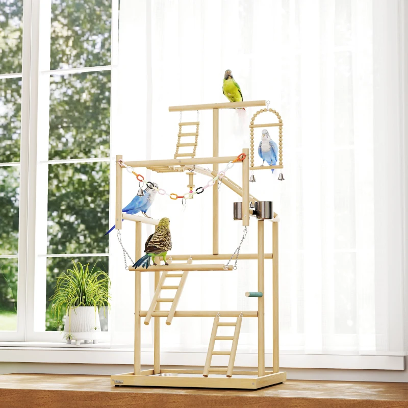 PawHut vogelstandaard, vogelstokken-set, 4 niveaus, RVS bak, speelgoed, natuurhout