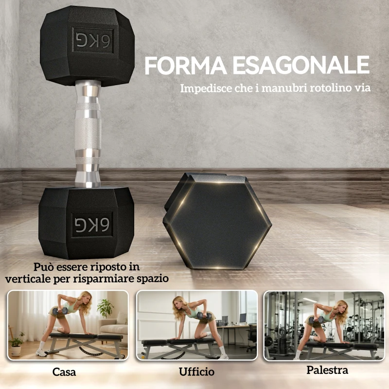 HOMCOM Set di 2 Manubri da 6 kg Esagonali con Presa Antiscivolo e Rivestimento in Gomma, Nero