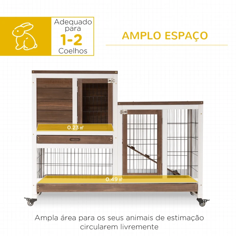 PawHut Coelheira de Madeira com Rodas Gaiola para Coelhos de 2 Pisos com Rampa e 2 Bandejas Removíveis 110x50x86cm Marrom