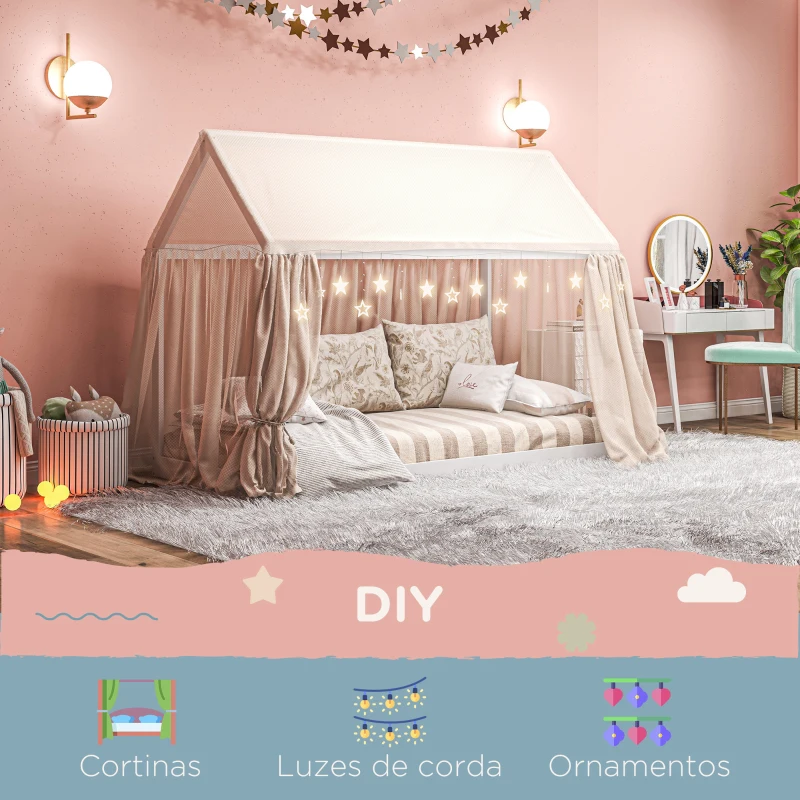HOMCOM Estrutura de Cama 90x190 cm Somier de Madeira em Forma de Casa Carga 120 kg para Quarto Branco