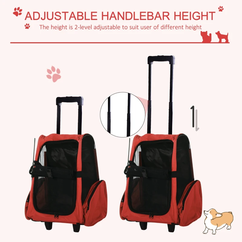 PawHut 2 in 1 Dog Backpack and Trolley, Pet Travel Backpack Cat Dog Carrier with Telescopic Handle, Portable Pet Stroller Wheel Luggage Bag (Red)