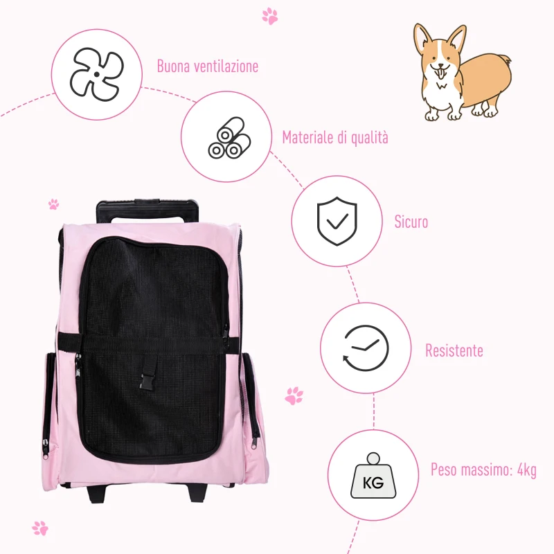 PawHut Trasportino Zaino 2 in 1 per Cani e Gatti con Tasche Laterali, Maniglia Telescopica e Ruote, 42x25x55cm, Rosa