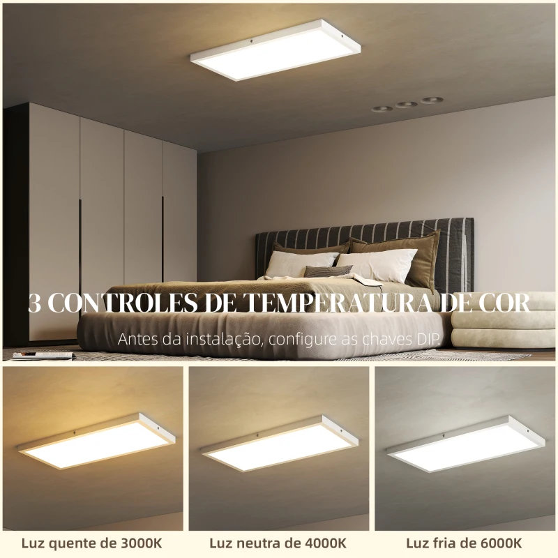 HOMCOM Conjunto de 4 Candeeiros de Teto Cor Regulável com Interruptor DIP e de Parede 3000K/4000K/6000K 60x30x3,7 cm Branco
