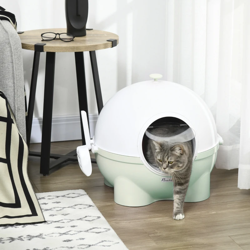 PawHut Bac à litière pour chat maison de toilette avec porte battante couvercle amovible 53 x 51 x 48 cm vert et blanc