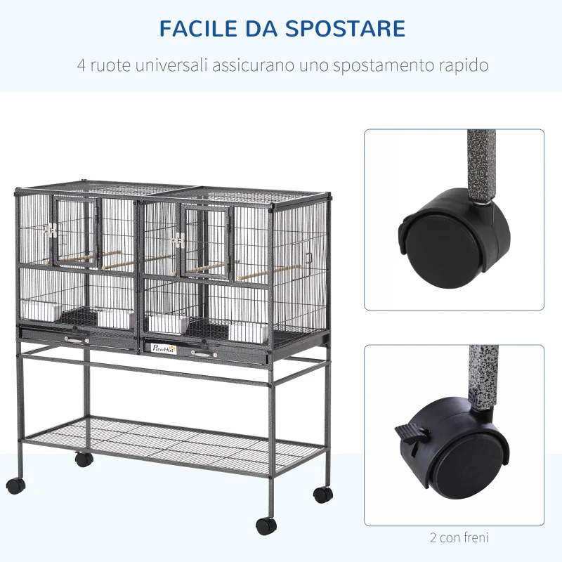 PawHut Doppia Gabbia per Uccelli in Metallo di Alta Qualità con Vassoi Estraibili, Supporto Stabile con 4 Ruote e Ripiano, 95x45.5x102cm, Nero Grigio