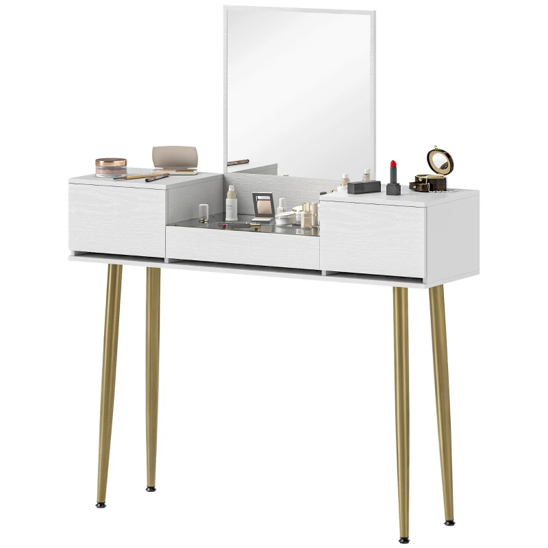 HOMCOM Tocador de Maquilhagem com Espelho Bancada de Vidro 3 Gavetas Mesa de Maquilhagem Moderna 105,5x30x130,5 cm Branco