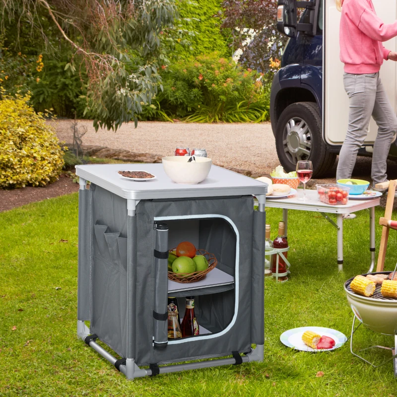 Outsunny Mobile Cucina da Campeggio con 2 Mensole e Sacca di Trasporto, in Alluminio e Tessuto Oxford 60x49x70cm Grigio