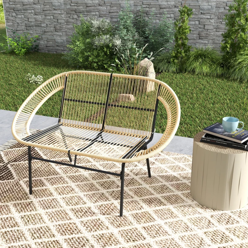 Outsunny 2-zits Tuinbank Polyrattan, weerbestendige Bank in Rattanvlecht-Design, UV-bestendig tot 260kg belast, Khaki